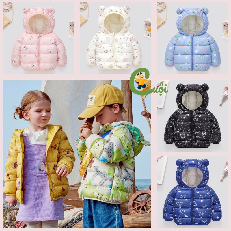Áo khoác cho bé, áo phao tai gấu họa tiết hoạt hình cho bé trai bé gái mặc đi học đi chơi Cuội Store size 9-20kg