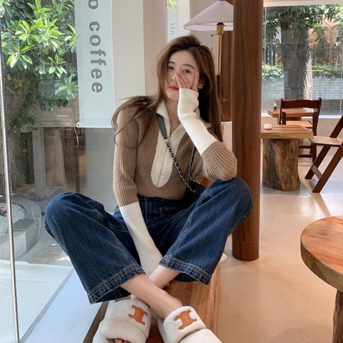 Áo sweater dệt kim ZHELIHANGFEI tay dài cổ polo phối khóa kéo thời trang