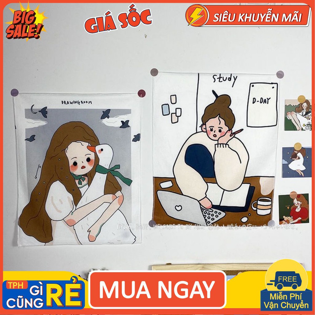 Tranh Vải Treo Tường Trang Trí Phòng Ngủ Họa Tiết Cô Gái Xinh Xắn