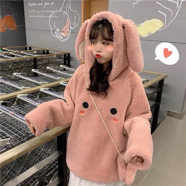 ÁO HOODIE LÔNG - ÁO LÔNG TAI THỎ - ÁO HOODIE LÔNG TAI THỎ HỒNG - ÁO LÔNG FREE SIZE | BigBuy360 - bigbuy360.vn