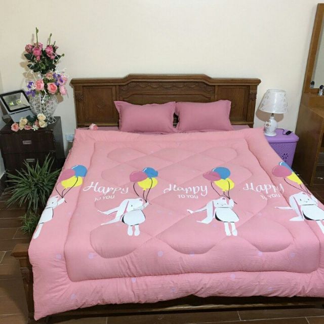 Set chăn phao ga gối thỏ hồng