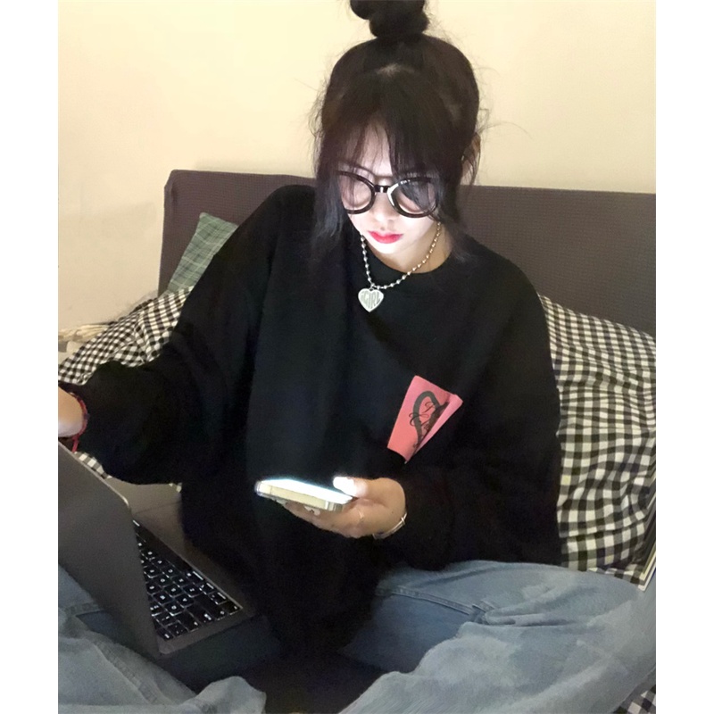 Áo Sweater Cổ Tròn Tay Dài Dáng Rộng Màu Đen Phong Cách Retro Mỹ Dành Cho Nữ