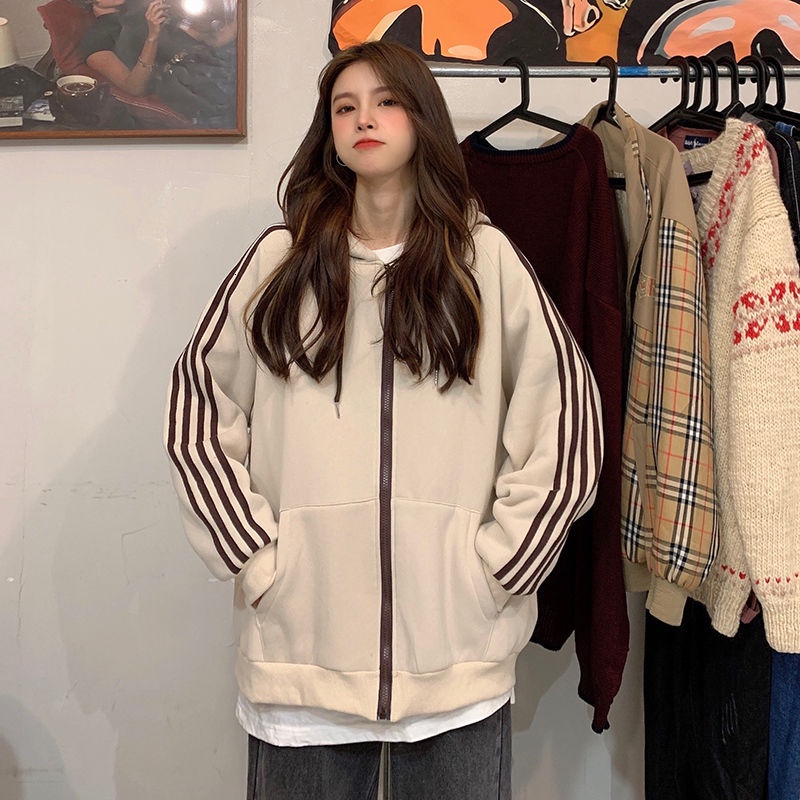 Áo Khoác Hoodie Tay Dài Họa Tiết Kẻ Sọc Thời Trang Thu Đông Mới Cho Nữ