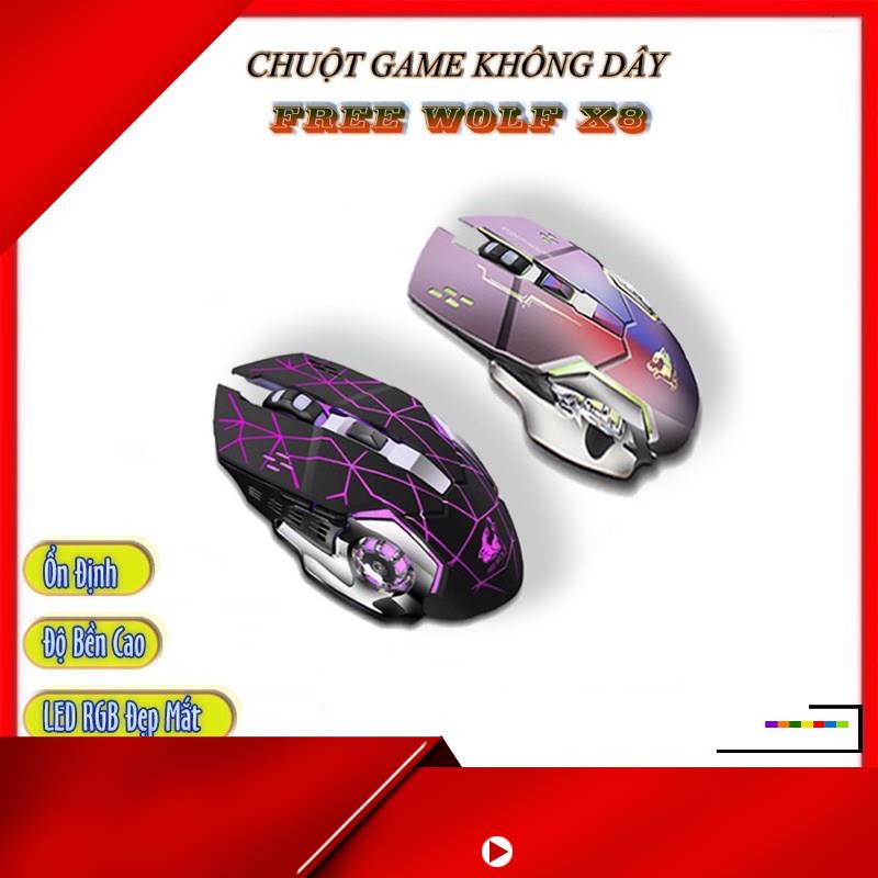 Chuột Chơi Game Không Dây Gaming Wolf X8 - Chuột máy tính không dây có LED 7 Màu RGB, Pin Sạc Dùng Cực Lâu