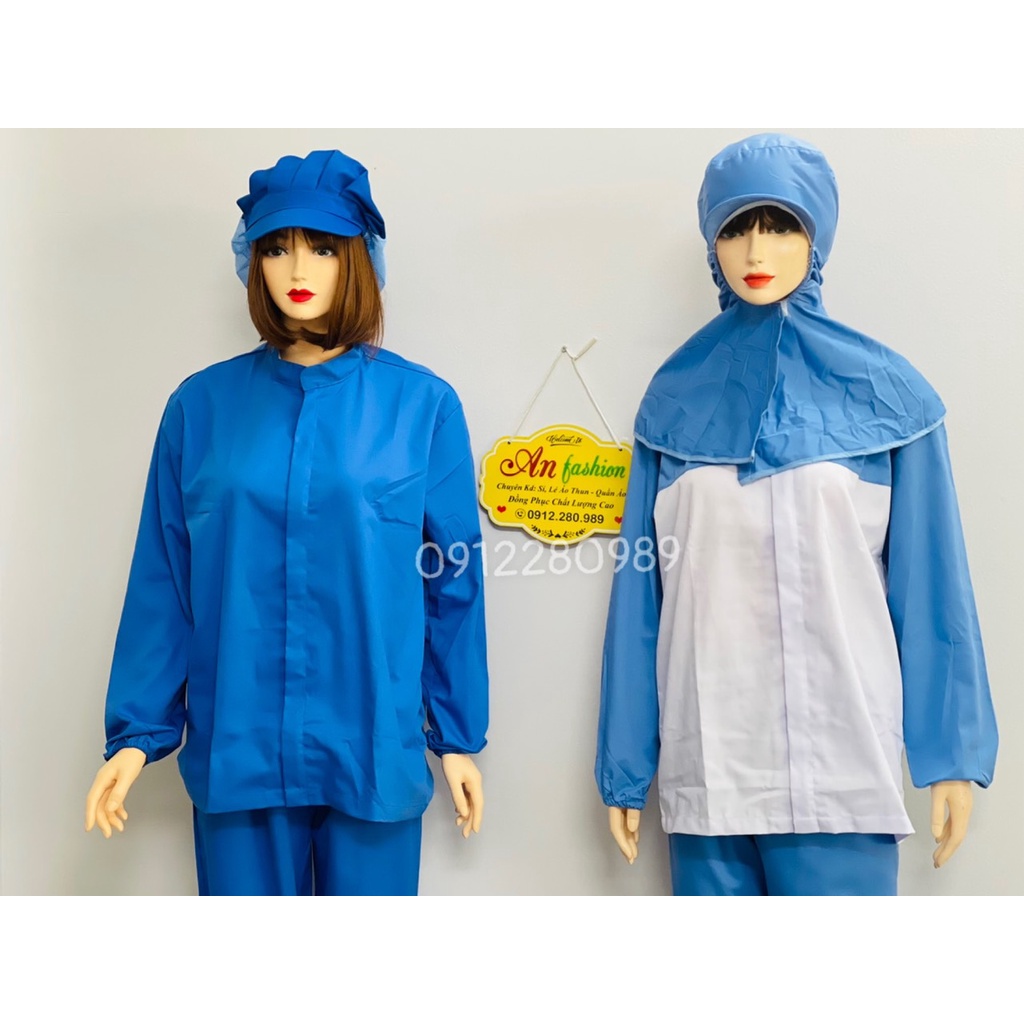 Đồng phục ngành thực phẩm, thủy sản vải kaki màu xanh dài tay _ Hình chụp thật