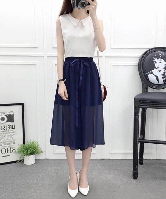 SẴN HÀNG | #889 Quần giả váy, Culottes, quần ống rộng voan kèm nơ lụa hàng Quảng Châu loại 1