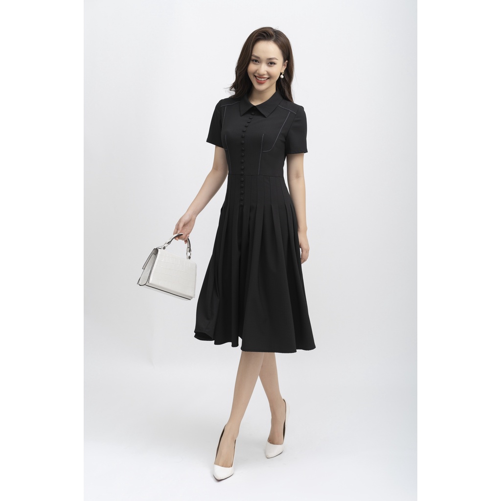 Đẩm xòe công sở cổ đức, váy thiết kế thanh lịch đính cúc bọc trang trí, Đen FIONA F452272