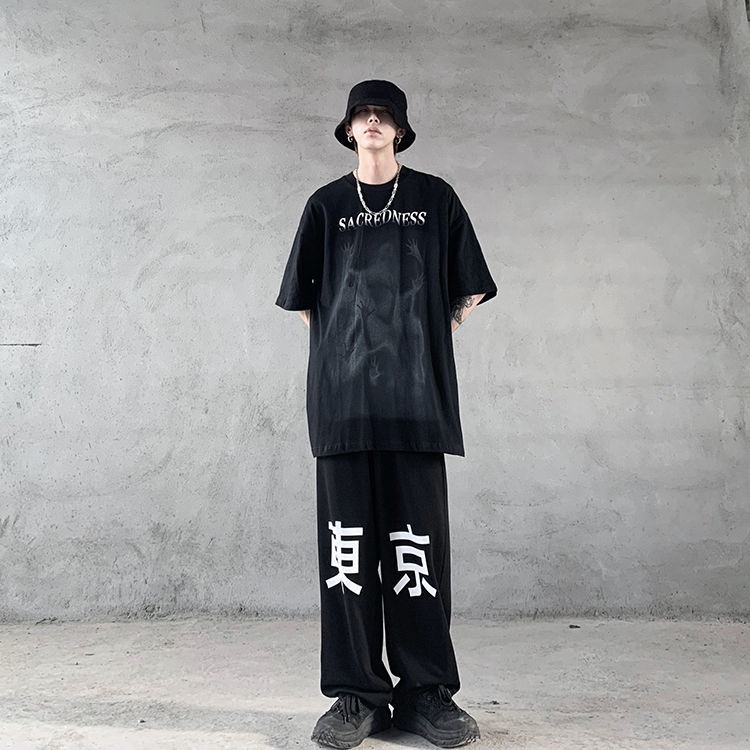 Áo Thun Ngắn Tay Dáng Rộng Màu Đen Thời Trang Mùa Hè Phong Cách Hip Hop Cá Tính Cho Nam