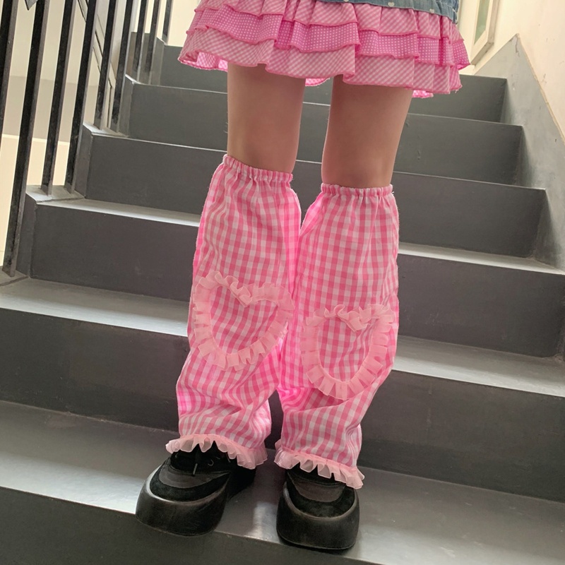 Xiangbao Vỏ Bọc Đầu Gối Dáng Rộng Phối Ren Mỏng Giữ Ấm Chân Họa Tiết Trái Tim Màu Hồng Kẻ Sọc Phong Cách Gothic Harajuku Ngọ