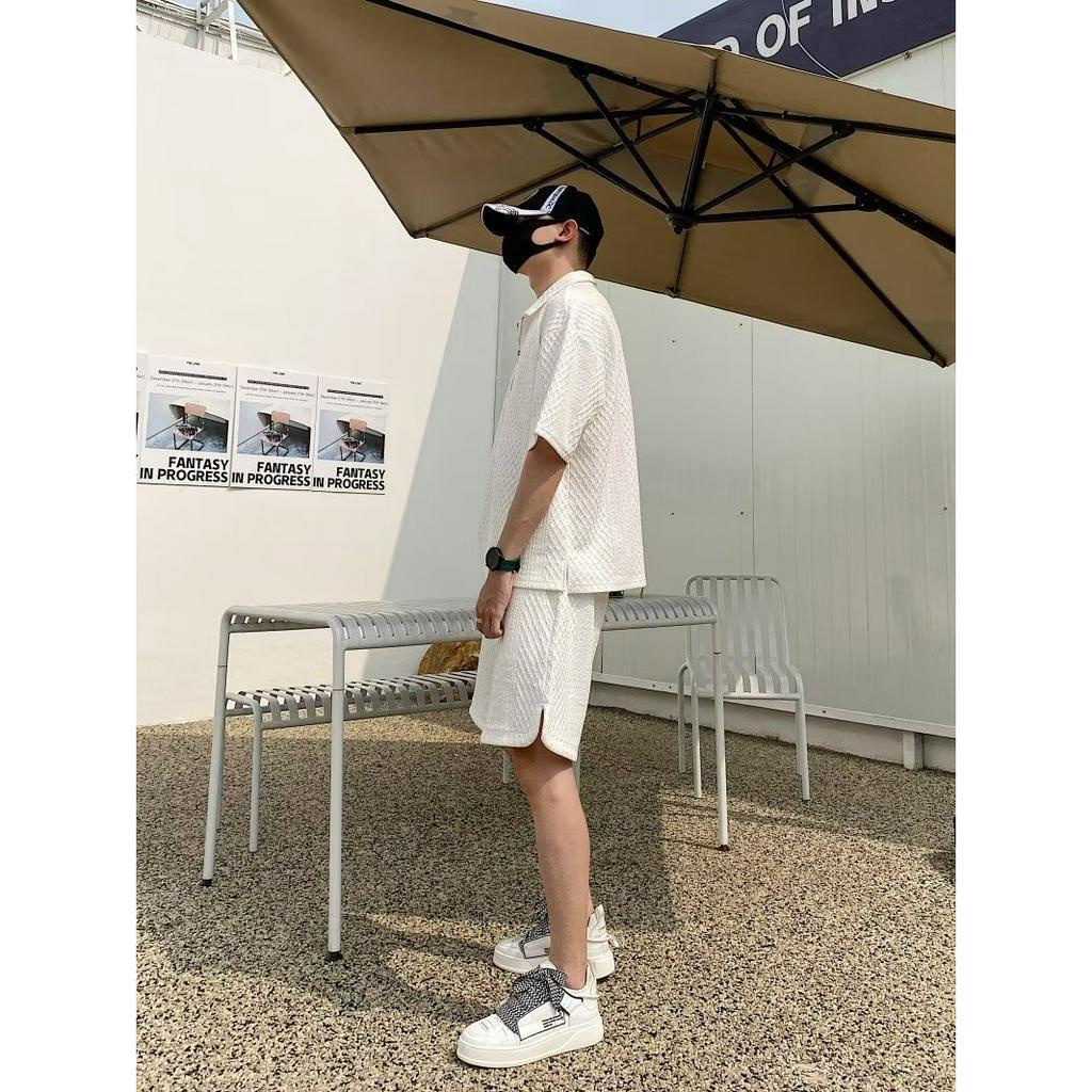 Bộ Áo Thun POLO Ngắn Tay Dáng Rộng + Quần Short Ống Rộng Phối Khóa Kéo Thời Trang Đi Biển Cho Nam