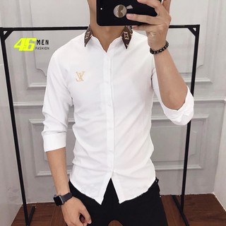 Áo sơ mi trắng nam, dài tay, vải kate, thêu logo LV MFM070