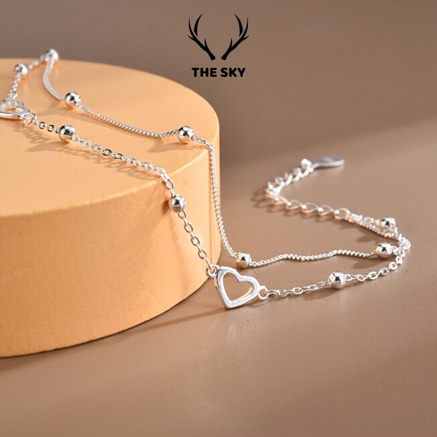 Vòng Tay Bạc Nữ THE SKY VT1022 Hai Dây Sợi Mảnh Kèm Mặt Hình Trái Tim