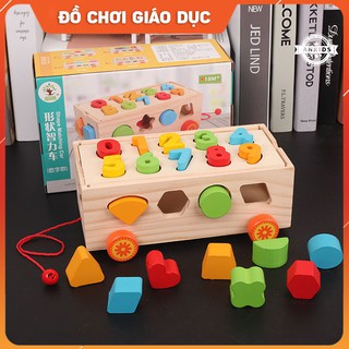 xe kéo 2in1 thả hình và số giúp bé nhận biết màu sắc, hình khối, tập đếm - đồ chơi gỗ