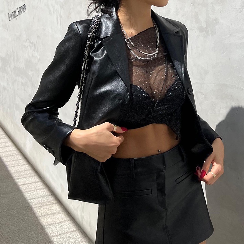 Áo Croptop Tay Dài Hở Một Bên Vai Phối Lưới Trong Suốt Đính Kim Sa Lấp Lánh Thời Trang Cho Nữ