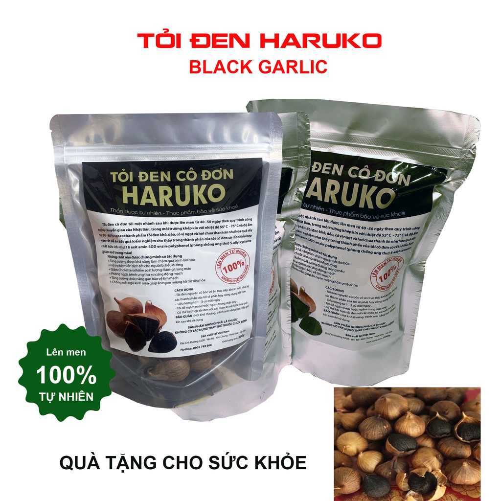 Tỏi đen một nhánh HARUKO, được 100% lên men tự nhiên 60 ngày từ tỏi cô đơn, túi 250 gam và 500 gam
