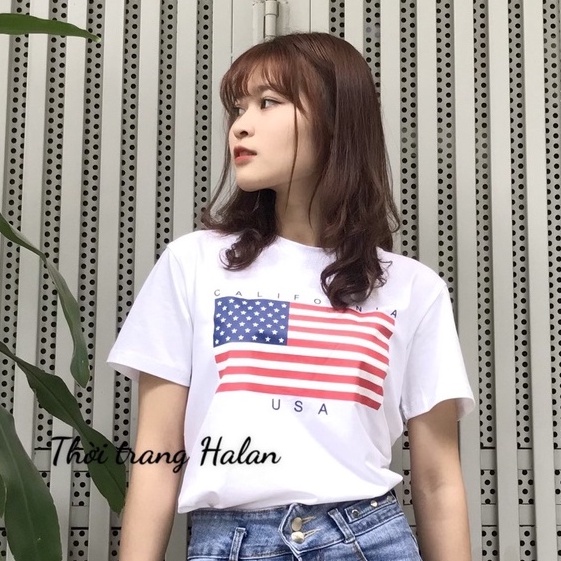 Áo thun nữ Halan cổ tròn CỜ MỸ TOMY năng động .