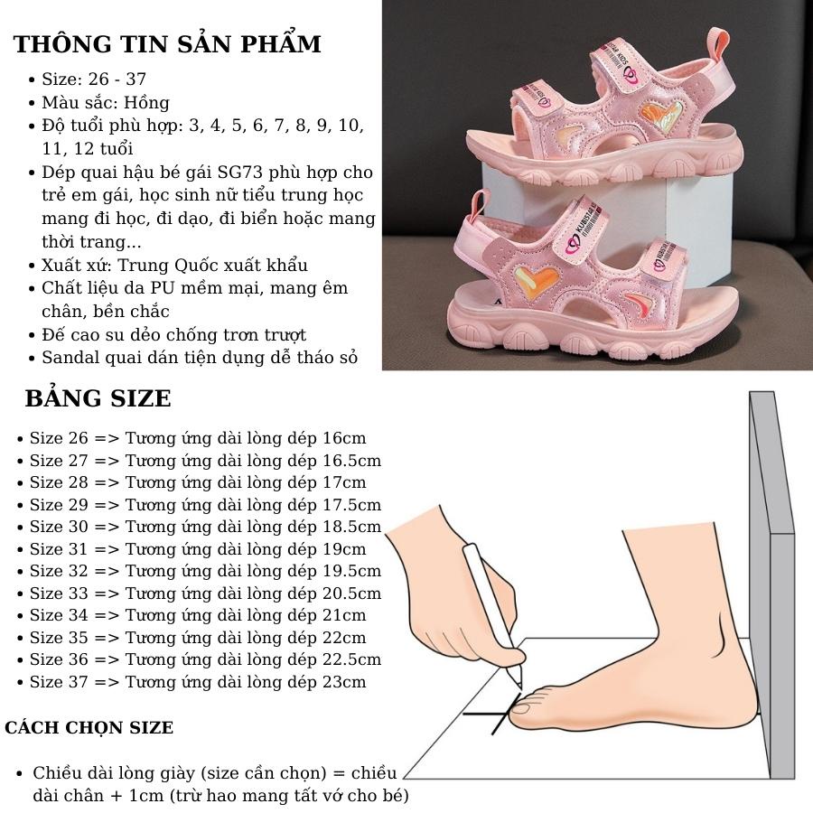 Giày sandal bé gái đi học màu hồng dép quai hậu  thoáng khí êm phù hợp cho trẻ em nữ đi học đi chơi SG73