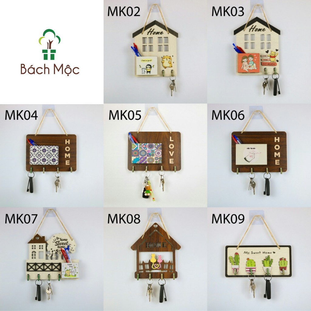 Bảng Gỗ Treo Móc Khóa BÁCH MỘC Hình Vẽ Dễ Thương Trang Trí Nhà Cửa