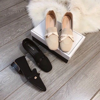 [Mã FASHIONXANH44 giảm 10% tối đa 30k đơn từ 99k] Giày cao gót len mũi vuông đính nơ 2 màu đen kem - 2P