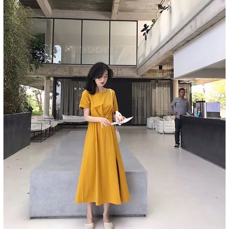 Váy cotton nhúm bụng xẻ 3 màu | BigBuy360 - bigbuy360.vn