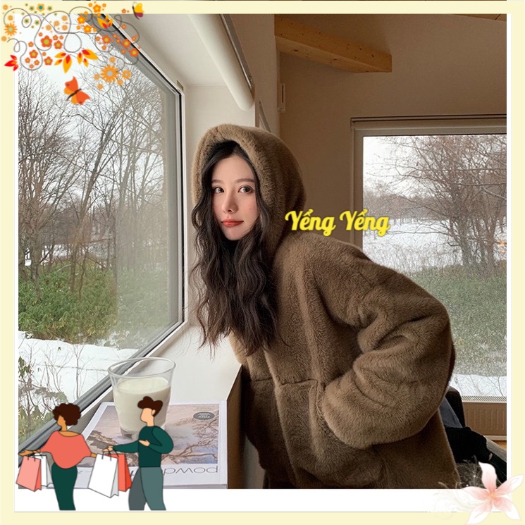 ANU500 - ÁO HOODIE LÔNG CỪU KÈM MŨ TÚI BỤNG NỮ