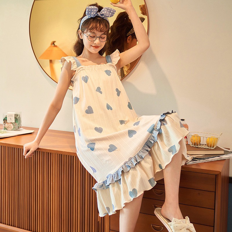 Váy ngủ hai dây nhiều họa tiết hoạt hình đáng yêu váy ngủ mặc nhà cotton mịn mát LUCIA SISTER V09.
