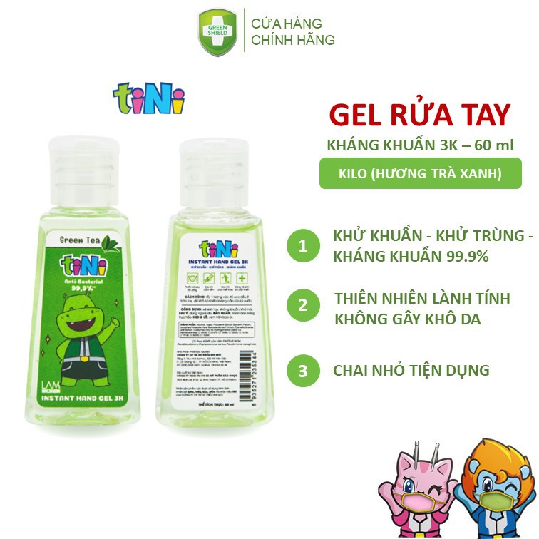 Gel rửa tay cho Bé 60ml Tini Hương Trà Xanh, Hương Dâu