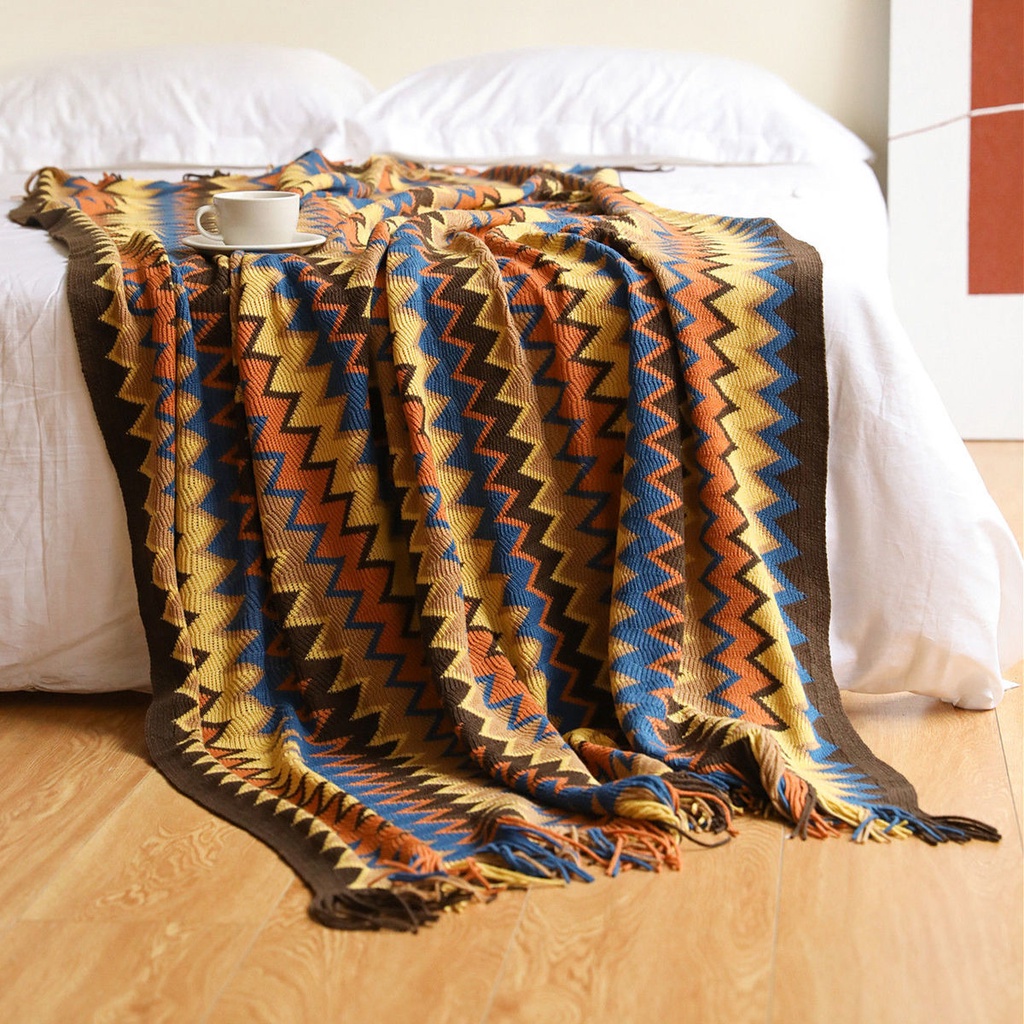 Chăn Dệt Kim Dày Dặn Họa Tiết Kẻ Sọc Nhiều Màu Phong Cách Bohemian