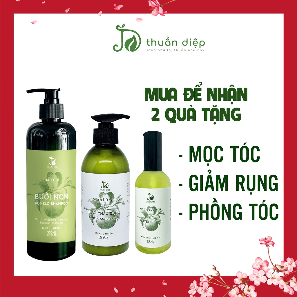 COMBO DẦU GỘI XẢ BƯỞI THUẦN DIỆP + XỊT BƯỞI NON  giúp mọc tóc, giảm rụng tóc handmade