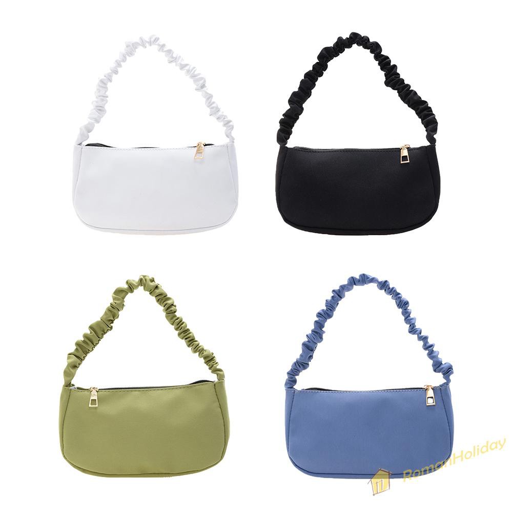 【On Sale】Vintage Women Pure Color Pleated Shoulder Bag Casual Small Handbag Purse