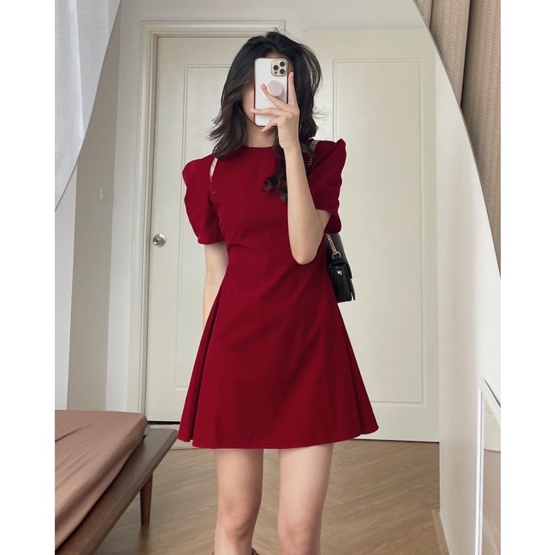 [Ảnh thật] Đầm váy nhung đỏ tay bồng xẻ vai tiểu thư