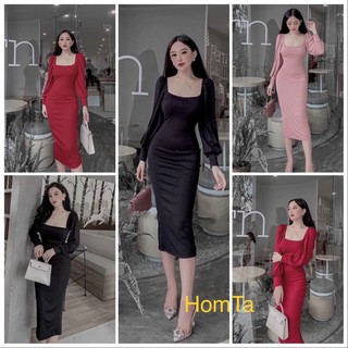 Đầm body cổ vuông tay dài bồng