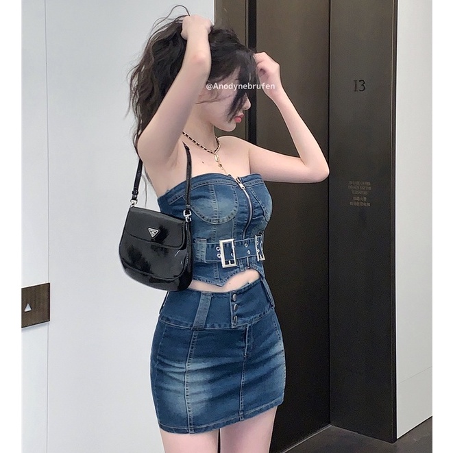 Bộ Áo Denim Không Tay + Chân Váy Denim Eo Cao Phong Cách Retro Trung Hoa Độc Đáo Thời Trang Mùa Hè Cho Nữ