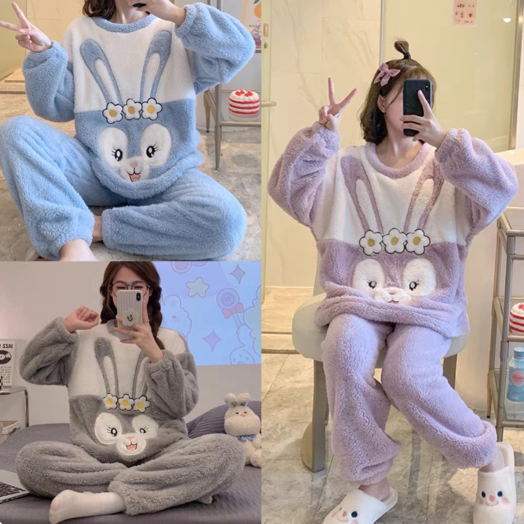 Bộ ngủ lông cừu 2 mặt mượt mà thêu thỏ hoa phối màu dễ thương, Sét đồ bộ mặc nhà thu đông chất lông ấm áp form rộng