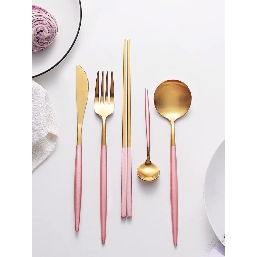Bộ dụng cụ ăn bằng thép không gỉ phong cách Hàn Quốc, dao đũa thìa mạ vàng màu hồng vàng : 8.7