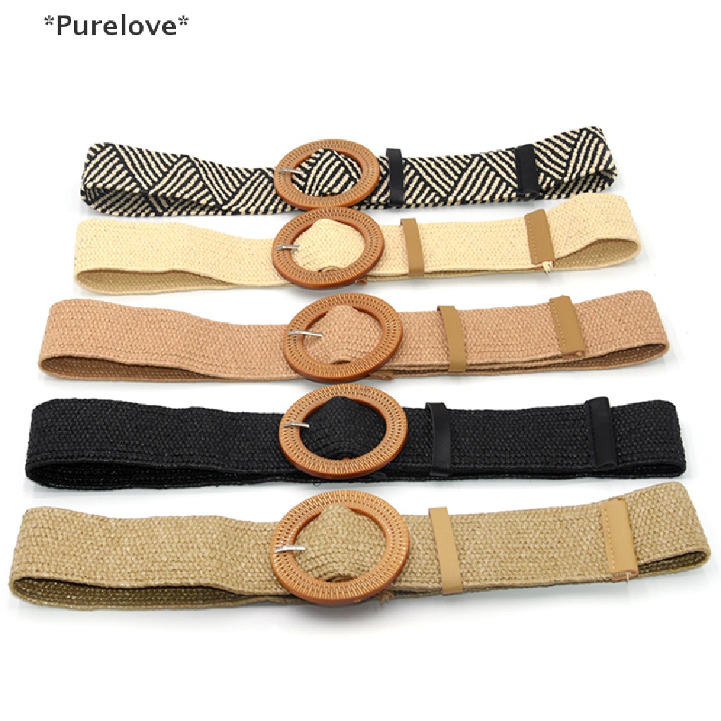 Thắt Lưng Đan Rơm Co Giãn Có Khóa Tròn Phong Cách Boho Cổ Điển Cho Nữ