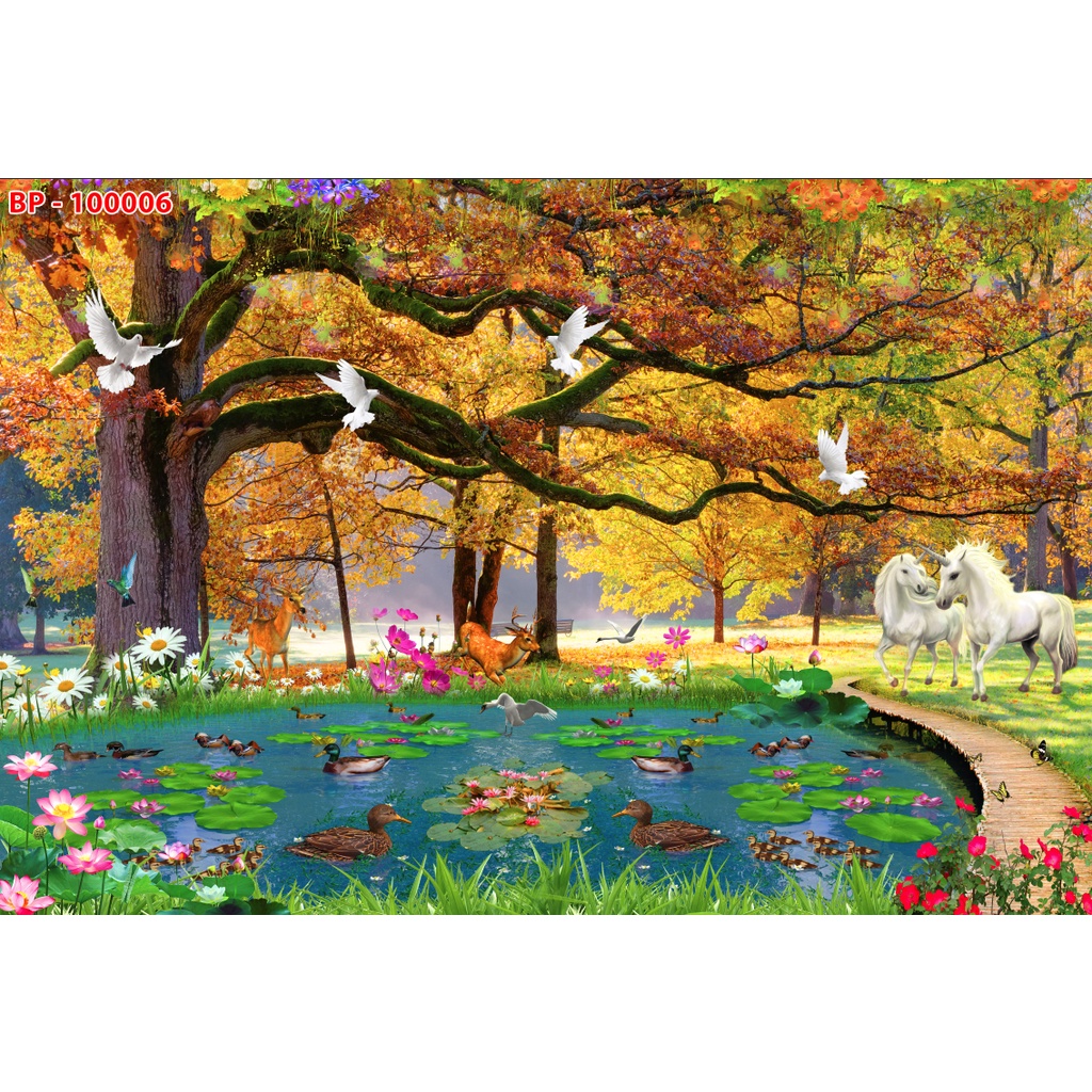 Tranh dán tường ao hoa sen nở rộ cực kỳ đẹp, phù hợp với nhiều không gian trong nhà