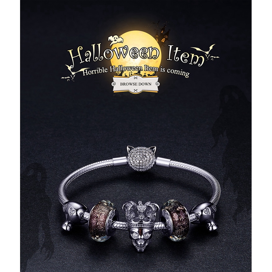 Hạt Charm Bamoer SCC1362 Bằng Bạc 925 Hình Đầu Lâu Xỏ Vòng Tay DIY Dịp Halloween Cho Nữ