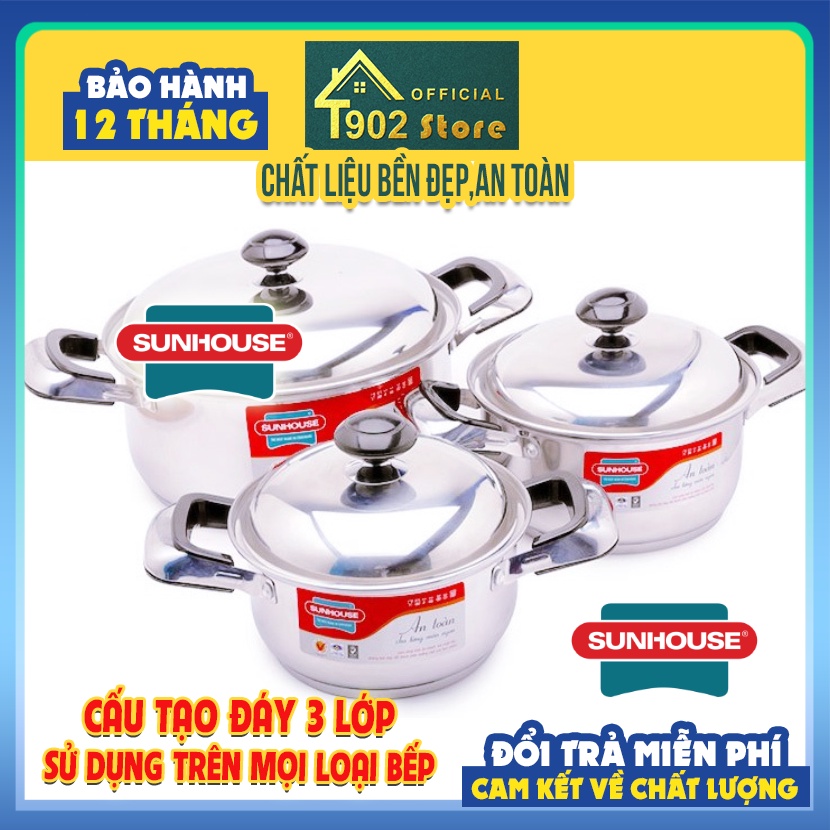 Bộ Nồi Sunhouse Inox 3 Đáy Cao Cấp SH333  Dùng Cho Mọi Loại Bếp