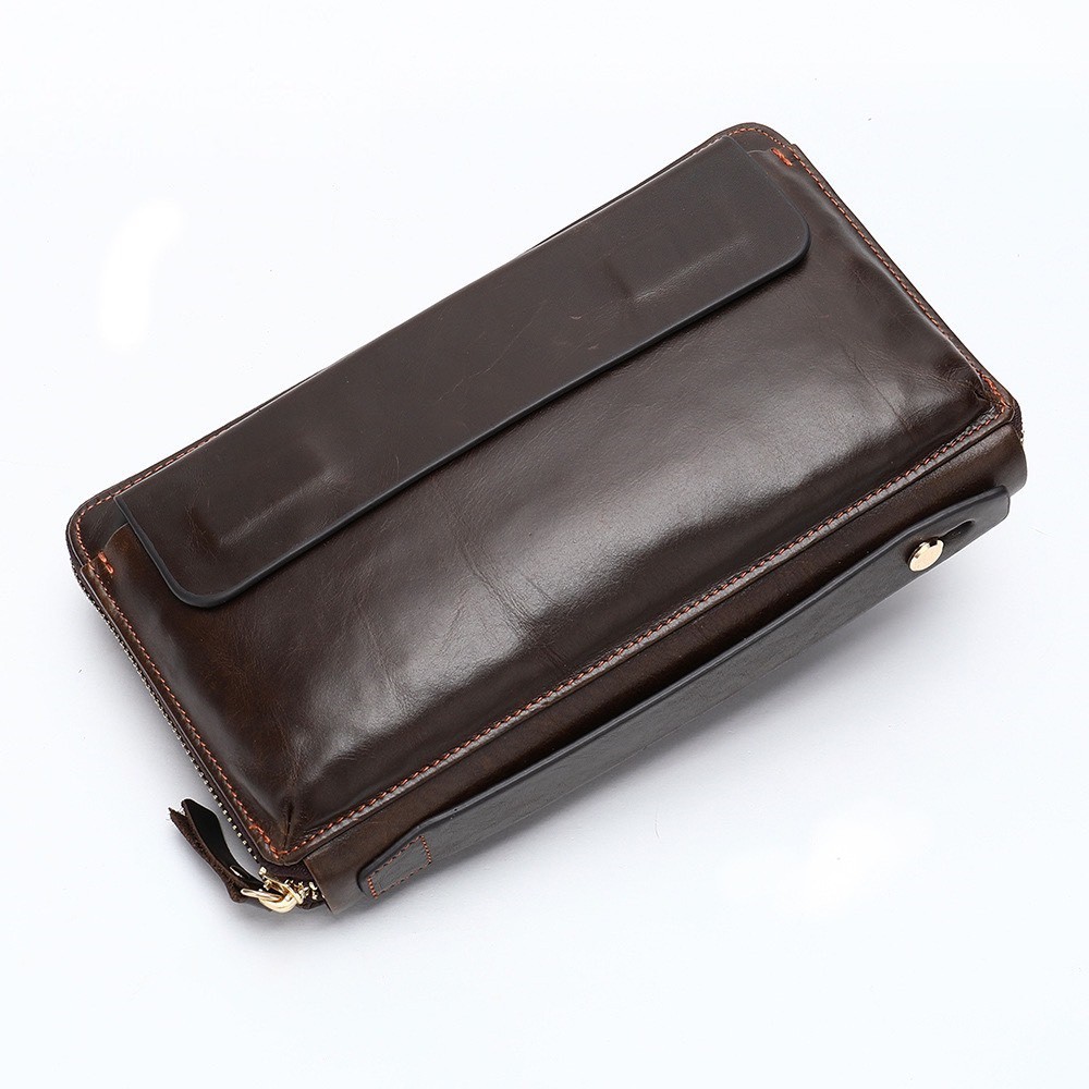 Ví bóp da cluth cầm tay da bò cao cấp có dây xỏ ngón và đeo cổ tay 22x12x2.5cm (Nâu - Đen)