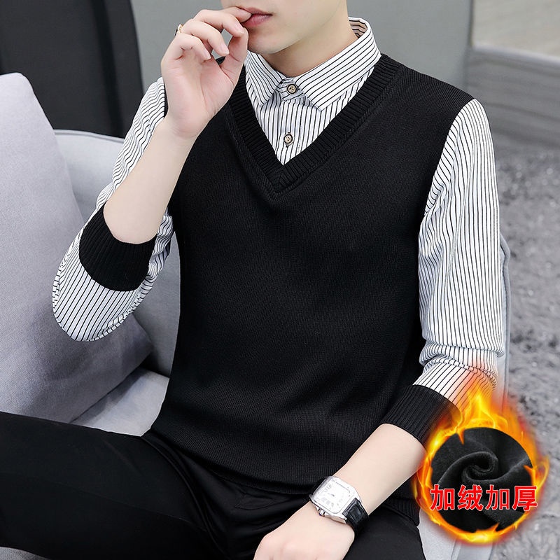 # Áo Khoác Nam# Cổ Áo Sơ Mi Giả Hai Lớp Thời Trang Thu Đông Cho Nam# Áo Sweater Dệt Kim Phong Cách Thời Trang Hàn Quốc