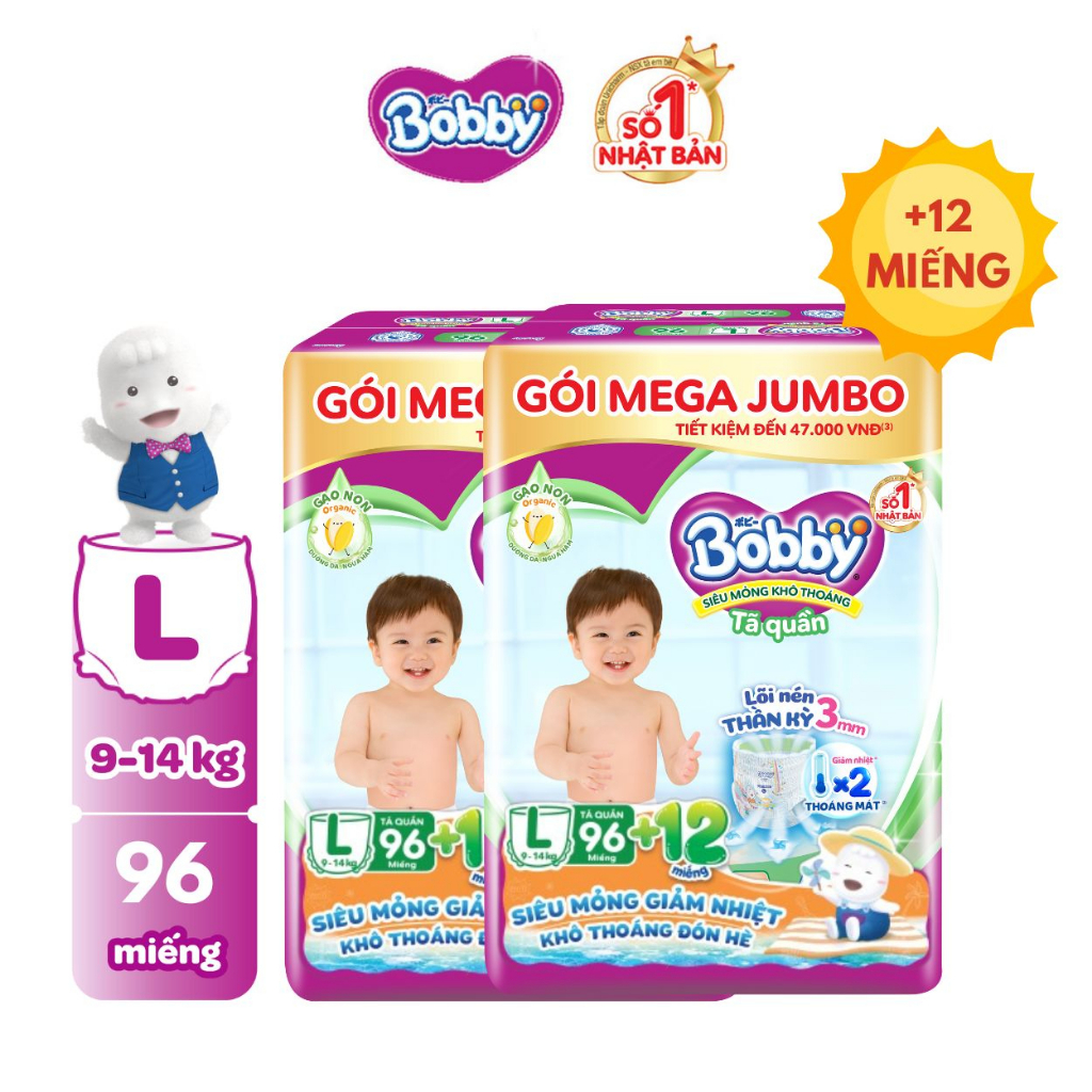 Combo 02 gói Tã quần Bobby 3mm Gạo non Giảm nhiệt Mega Jumbo M112+12/L96+12/XL84+12/XXL76+12