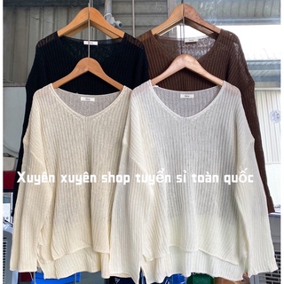 Áo len mỏng thu đông cổ V xẻ tà ( Ảnh thật )