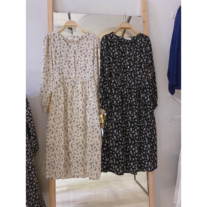 Váy Hoa Nhí Trắng Đen Dài Tay Phong Cách Hàn Quốc - Titto Closet