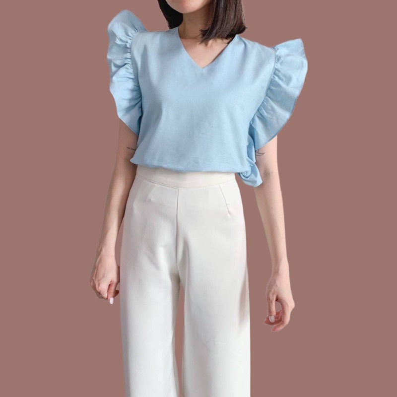 Corica Áo Sơ Mi Vải Lanh Trơn Cổ Chữ V Diềm Xếp Nếp Màu Vàng Bơ PASTEL / Xanh Lá Cây Nhạt