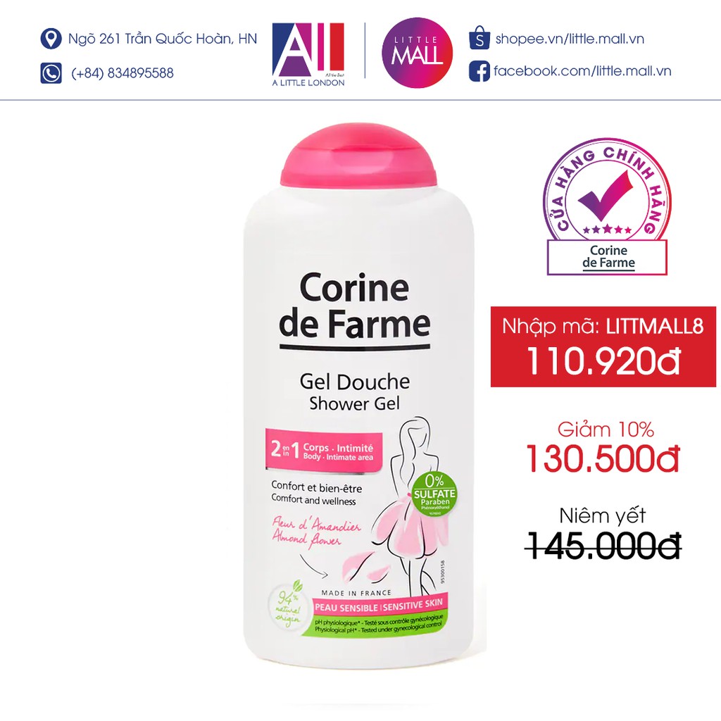 Sữa tắm cho cơ thể và vùng kín Corine De Farme Shower Gel 2 in 1 250ml (Nhập khẩu)