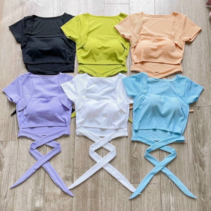 Áo cổ U cột nơ eo có mút xinh - B0N