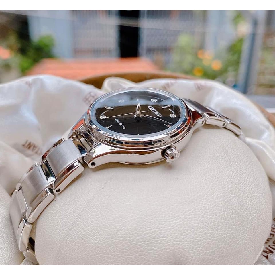 Đồng hồ nữ Citizen FE2100-51E dây bạc, mặt đen - Size 29mm