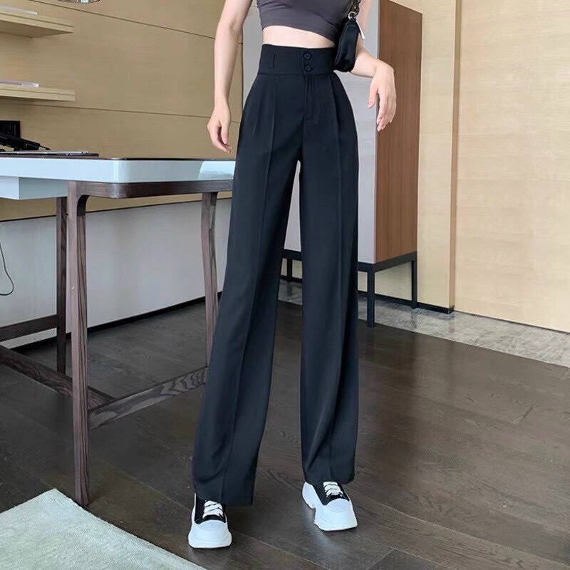 QNU 007 Quần Nữ Culottes Ống Rộng Suông Dài Chất Dày Cao Cấp Lưng Cao Cài Hai Nút Cạp Cao Kéo Dáng Ailee