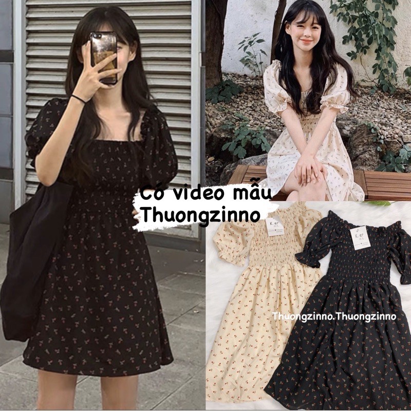 [Ảnh thật/Video]Váy hoa nhí Cherry tiểu thư mặc được hai kiểu Đầm hoa Quảng Châu xinh xắn